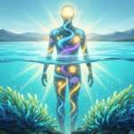 Illustration immersive de l'algue Klamath AFA bleue-verte émergeant du lac turquoise pur, irradiant une aura dorée vers une silhouette humaine revitalisée recevant nutriments, cellules souches activées et régénération tissulaire, avec paysage montagneux serein en arrière-plan symbolisant pureté et vitalité exceptionnelle