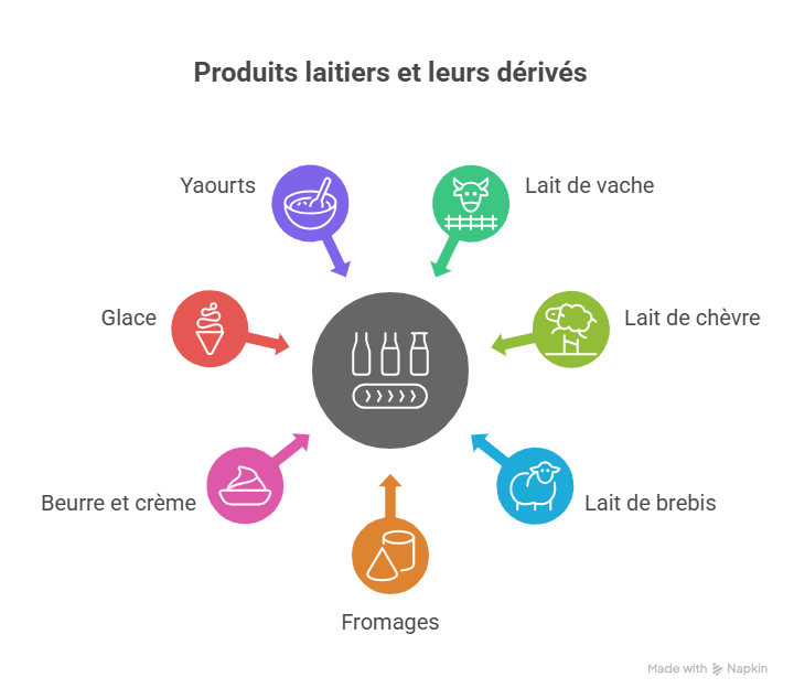 Tableaux des produits laitiers et de leurs dérivés afin d'expliquer le problème inflammatoires des laitages.