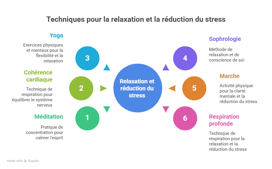  Illustration des techniques simples de relaxation et gestion du stress : méditation, cohérence cardiaque, yoga, sophrologie, marche et respiration profonde, qui aident à apaiser le système digestif et à améliorer le bien-être global. 