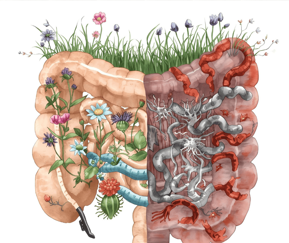 Comparaison visuelle d'un microbiote équilibré (jardin fleuri) versus dysbiose intestinale (inflammation et déséquilibre)