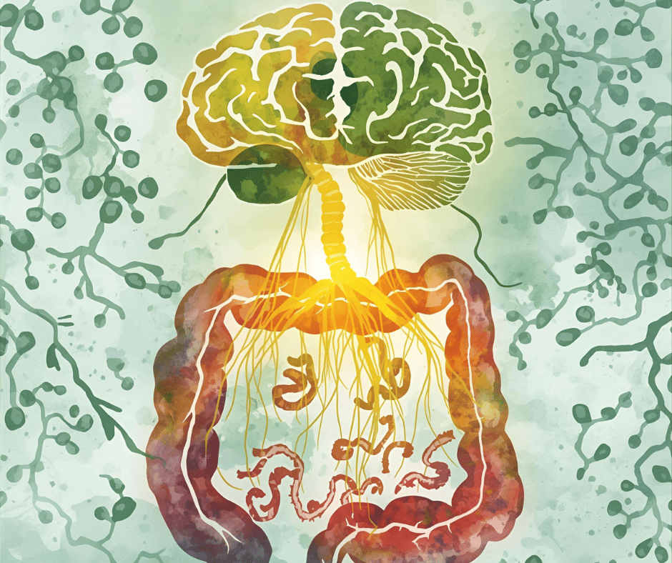 Illustration aquarelle de l'axe intestin-cerveau montrant le cerveau relié à l'intestin par le nerf vague et le microbiote intestinal