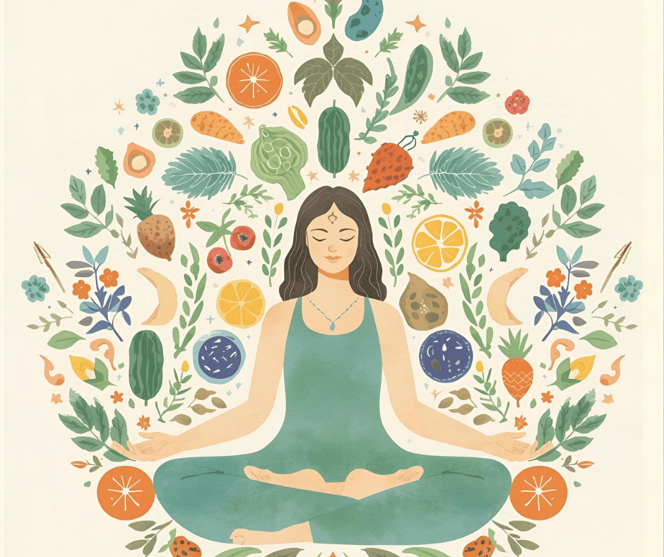 Les 3 piliers de la santé intestinale illustrés : alimentation variée, méditation anti-stress et équilibre de vie