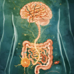 Illustration du rôle des intestins sur la santé montrant l'axe intestin-cerveau, le nerf vague et le microbiote intestinal