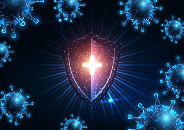 Illustration d'un bouclier protecteur symbolisant le système immunitaire intestinal qui bloque les virus et pathogènes