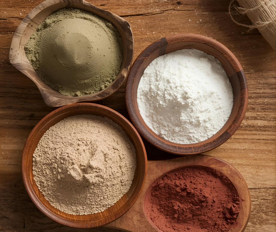 Différents types d'argiles thérapeutiques dans bols en bois : argile verte montmorillonite, argile blanche kaolin, argile rouge et beige pour soins naturels