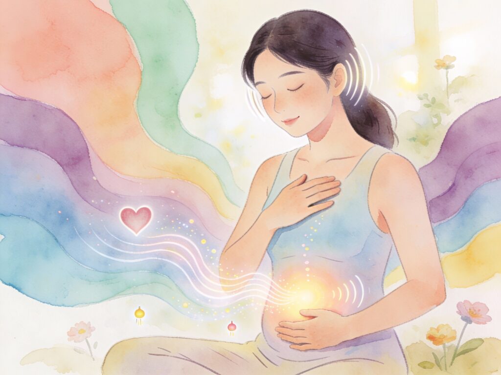Femme en méditation touchant son ventre noué pour libérer les tensions émotionnelles