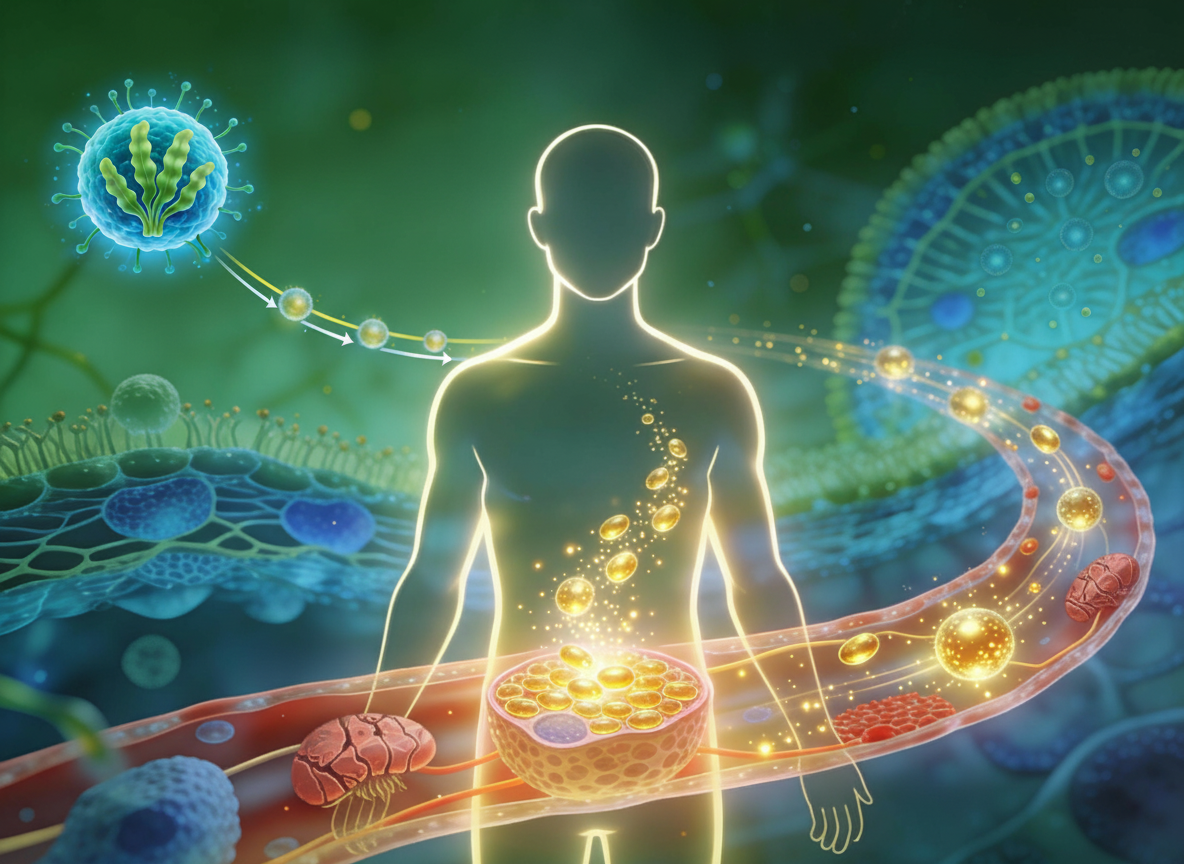 Illustration d'une silhouette humaine lumineuse montrant la moelle osseuse libérant des cellules souches dorées migrant vers des tissus endommagés, guidées par l'algue Klamath AFA bleu-vert en haut à gauche, avec flèches symbolisant la libération et la migration vers muscle, peau et organes en régénération