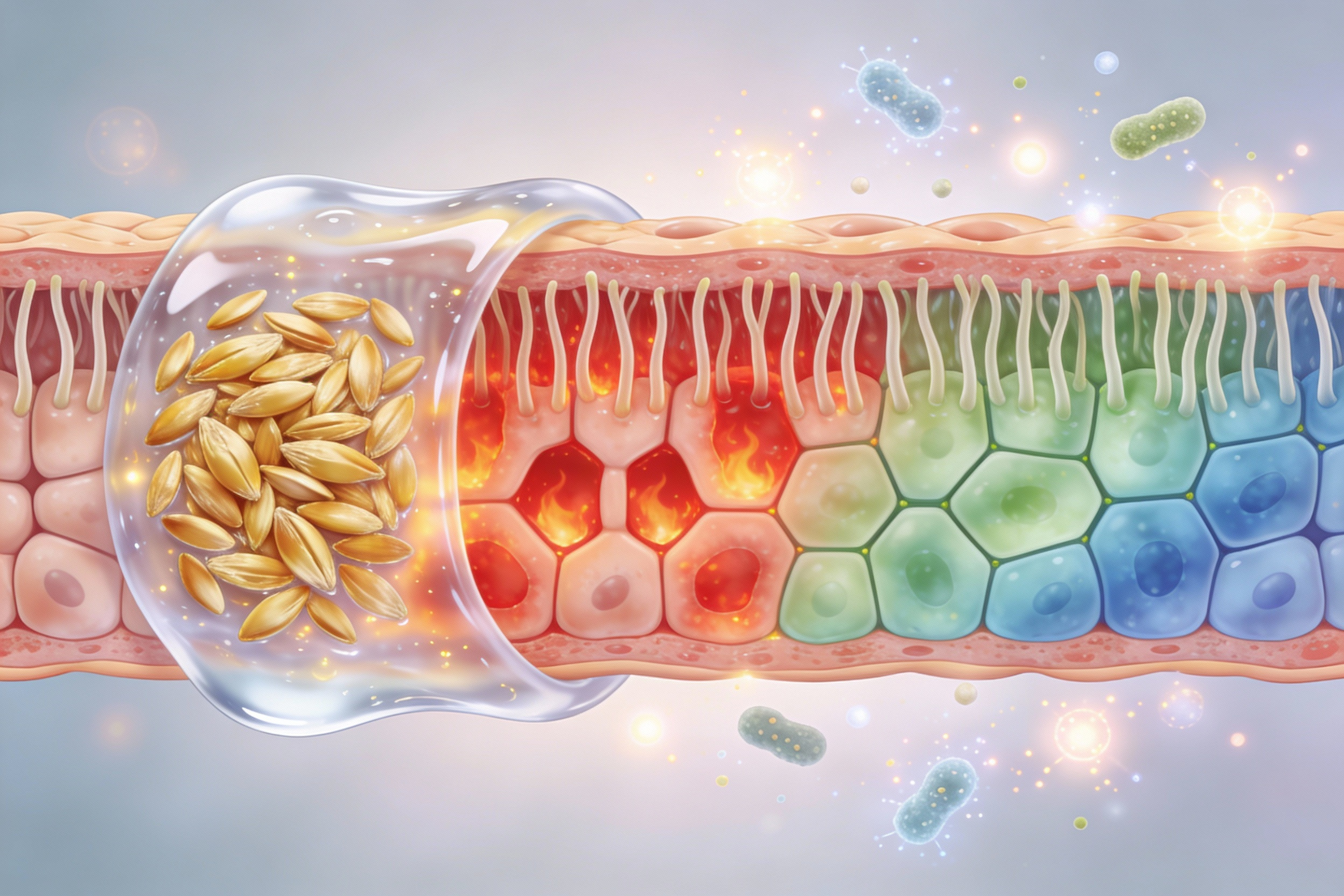 Illustration montrant des graines de psyllium blond dorées se transformant en gel mucilagineux protecteur qui enveloppe la paroi intestinale avec ses villosités saines, entourée de particules lumineuses de butyrate et de bactéries bénéfiques du microbiote, symbolisant la réparation et la protection naturelle de l'intestin.