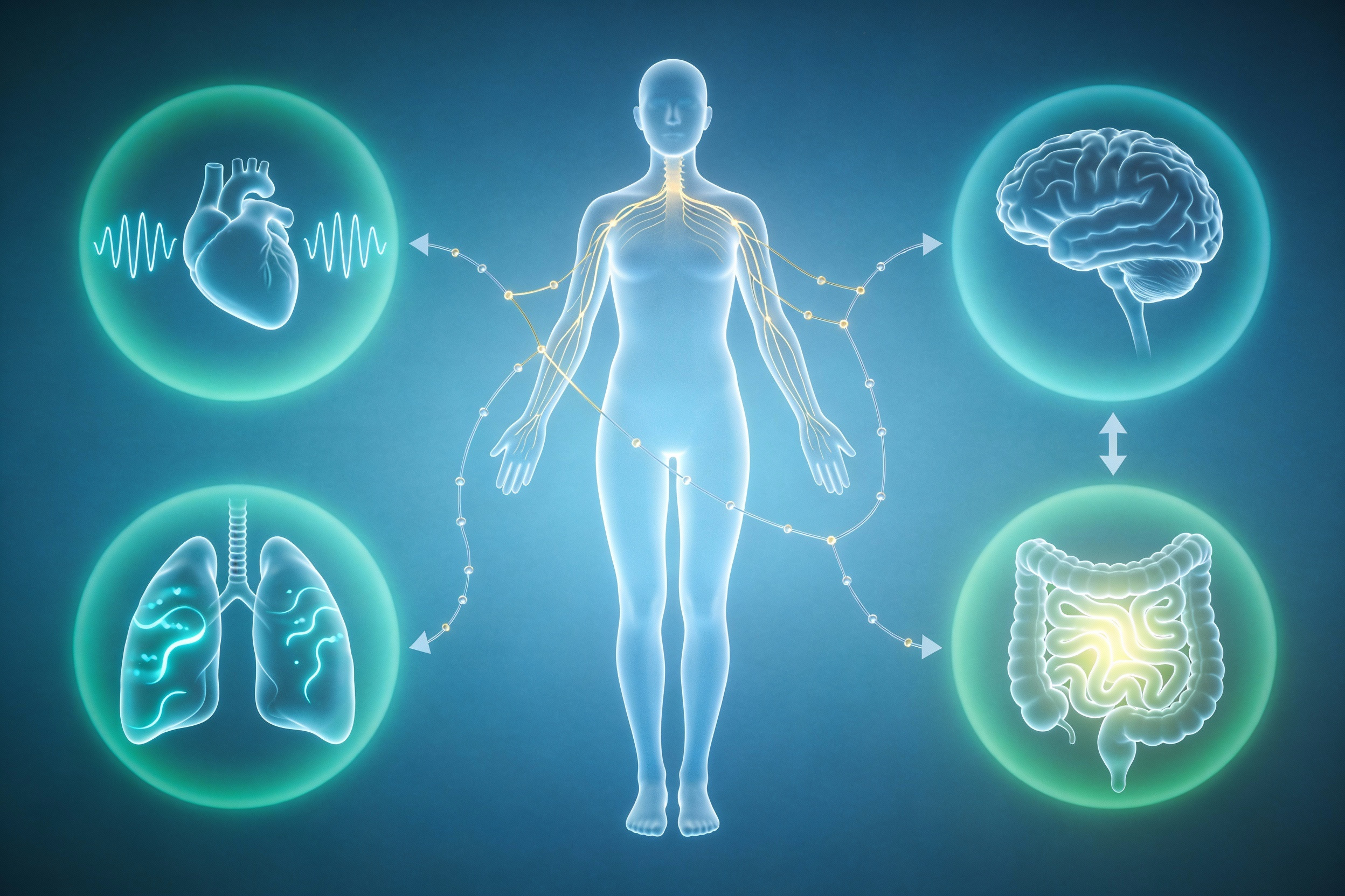 Illustration d'une silhouette humaine translucide montrant la connexion entre le cœur, les poumons et l'intestin par le nerf vague représenté par des filaments lumineux, avec des ondes rythmiques autour du cœur, des flux d'air dans les poumons et une lumière douce dans l'intestin, symbolisant le dialogue entre ces trois organes pour la gestion du stress.