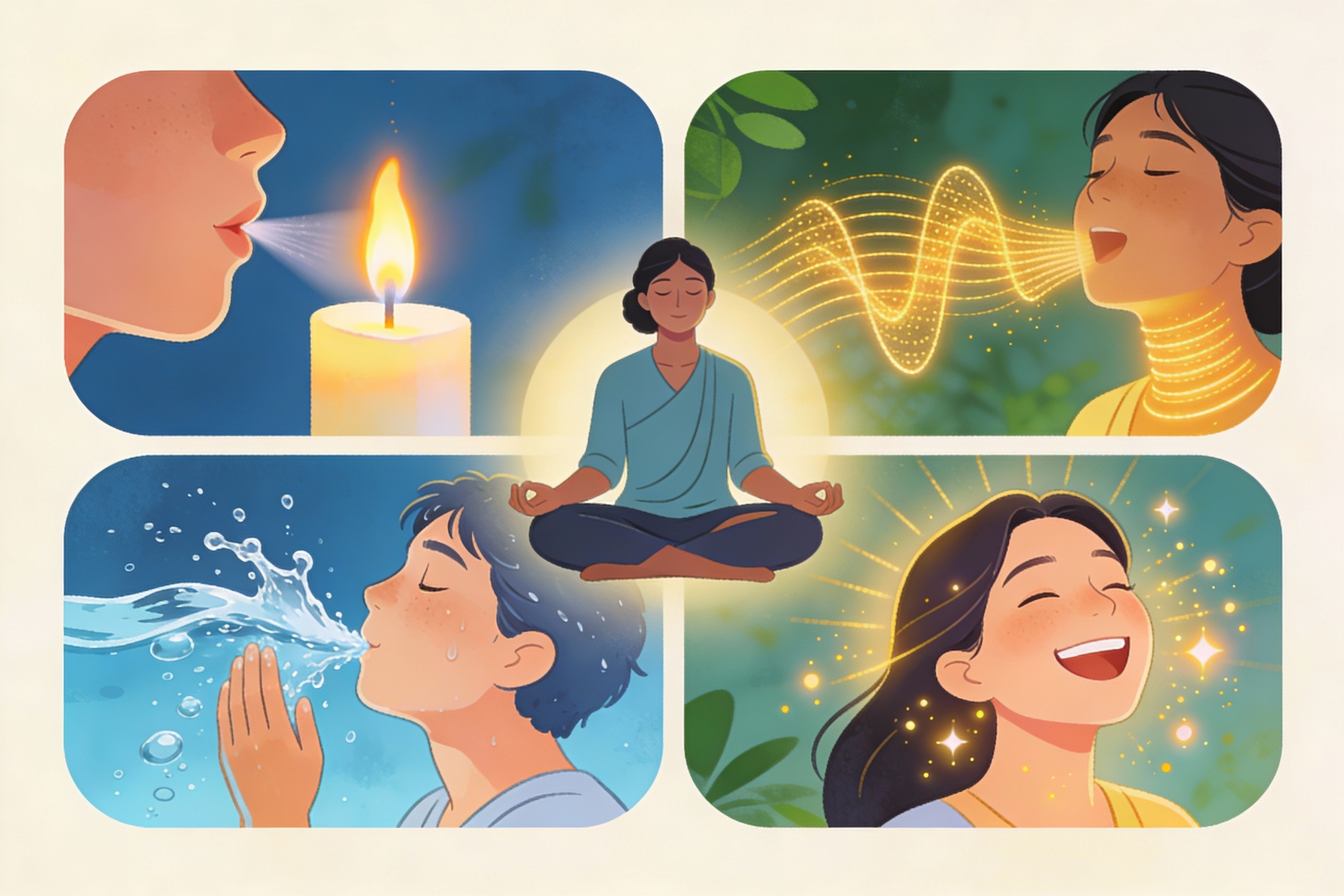 Illustration montrant une personne sereine entourée de quatre techniques d'activation du nerf vague : respiration lente sur une flamme de bougie, visage aspergé d'eau froide, gorge vibrant avec des ondes sonores dorées pour le chant, et sourire radieux symbolisant le rire, le tout dans une ambiance apaisante et bienveillante. 