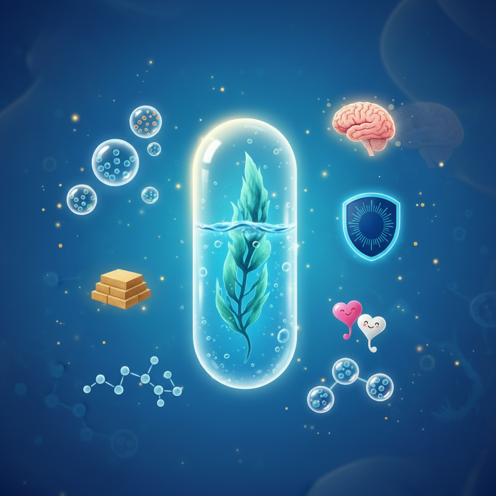 Illustration d'une algue Klamath bleu-vert dans une eau cristalline, entourée d'icônes visuelles des nutriments (bulles colorées, protéines, oméga-3, phycocyanine bleue protectrice, cœurs PEA pour l'humeur) avec cellules souches régénérantes et cerveau serein en arrière-plan, symbolisant ses 115 micro-nutriments et effets anti-inflammatoires