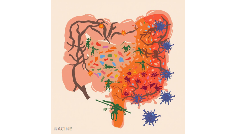 Illustration d'un intestin montrant la dysbiose intestinale et la perméabilité de la barrière intestinale, avec des bactéries pathogènes violettes dominant le microbiote et des particules traversant la paroi vers la circulation sanguine, provoquant une inflammation systémique