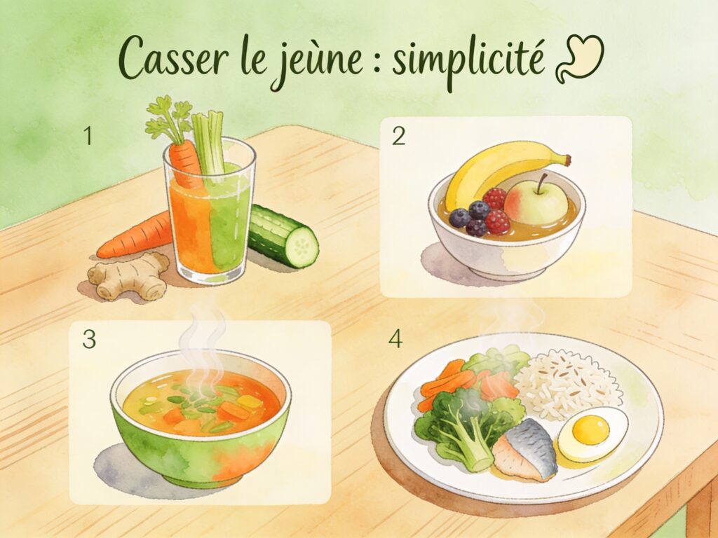 Comment rompre le jeûne intermittent en 4 étapes simples : jus de légumes, fruits frais, soupe chaude et repas équilibré complet
