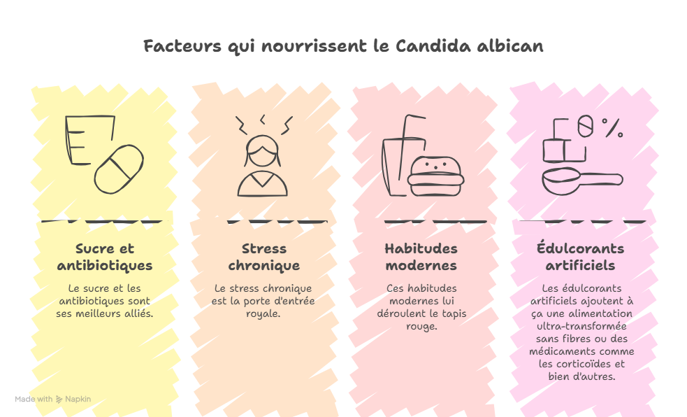 Les 4 facteurs qui nourrissent le Candida albicans : sucre et antibiotiques, stress chronique, habitudes modernes et édulcorants artificiels