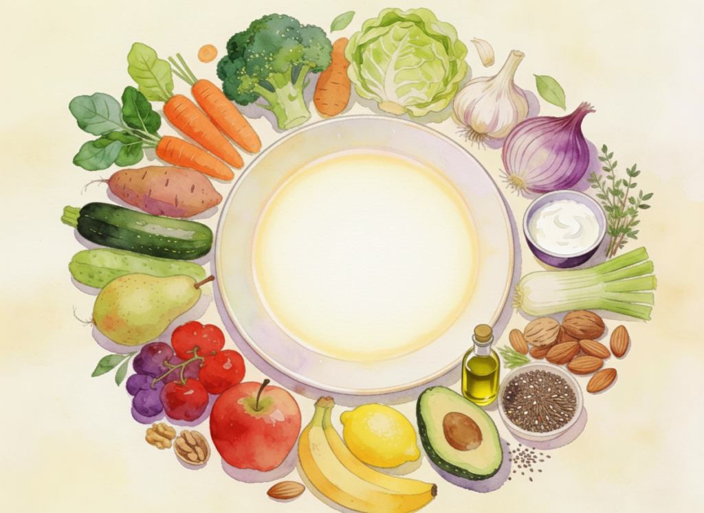 Aliments recommandés pour le syndrome intestin irritable disposés autour d'une assiette vide - légumes frais, fruits pauvres en FODMAP et huiles digestives