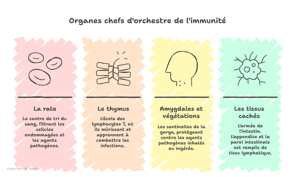 Infographie des organes lymphatiques clés : rate, thymus, amygdales et tissus immunitaires
