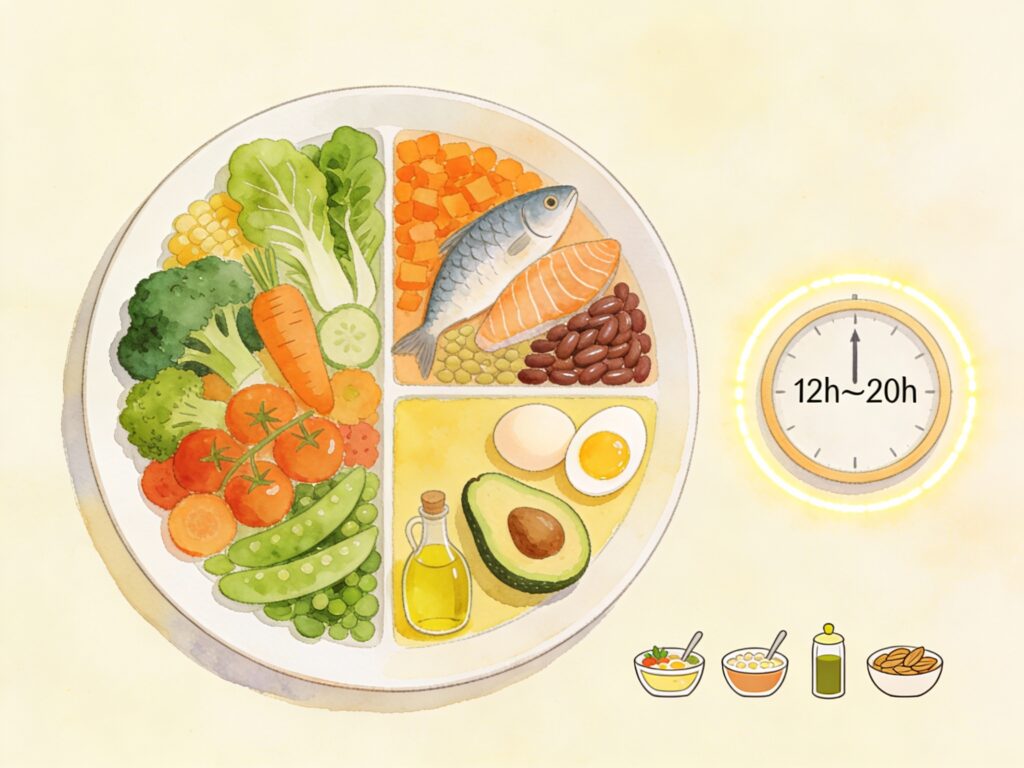 Quoi manger pendant le jeûne intermittent : assiette équilibrée avec légumes, protéines, bonnes graisses et fenêtre alimentaire 12h-20h