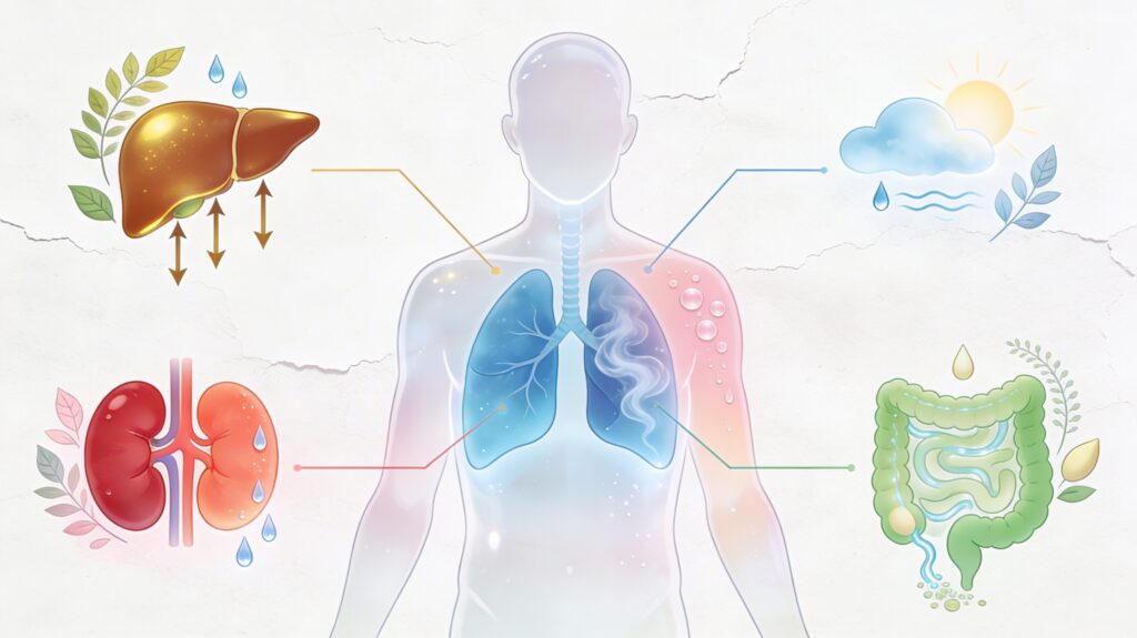 Illustration du corps humain mettant en évidence les 5 émonctoires principaux : le foie, les reins, les poumons, la peau et l'intestin, avec leurs fonctions de filtration et d'élimination naturelle.

