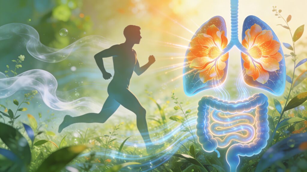 Illustration artistique d'une silhouette humaine en mouvement dont les poumons s'épanouissent comme des fleurs lumineuses et les intestins apparaissent comme des canaux fluides et souples, entourée d'éléments naturels évoquant l'air frais et la vitalité, symbolisant le rôle de l'exercice physique dans l'élimination naturelle du corps.