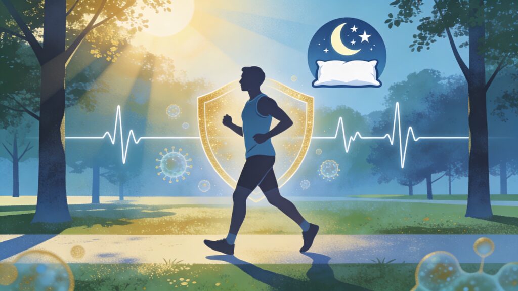 Personne marchant calmement dans un parc au lever du soleil, symbolisant sommeil réparateur, gestion du stress et activité physique douce pour soutenir le système immunitaire.
