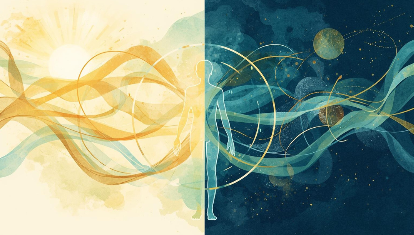 Illustration d'une silhouette humaine entourée de flux lumineux dorés et bleutés, symbolisant l'homéostasie et les boucles de rétrocontrôle hormonal dans un cycle jour et nuit représentant le rythme circadien.