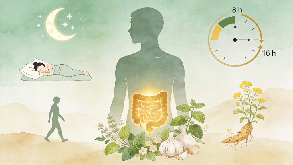 Illustration holistique montrant une silhouette humaine, des plantes médicinales comme l’origan et l’ail, une horloge et des symboles de sommeil et d’activité physique pour représenter l’impact du rythme de vie et des plantes sur le microbiote intestinal.
