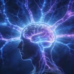 Illustration scientifique du système nerveux humain avec neurones et connexions synaptiques lumineuses