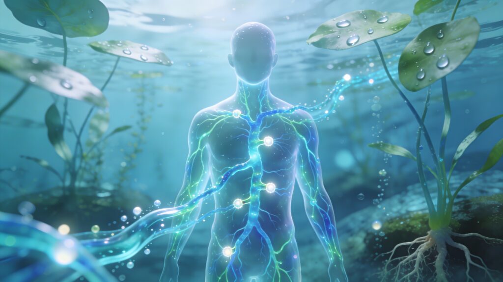 Illustration artistique d'une silhouette humaine translucide traversée par un réseau lumineux de vaisseaux lymphatiques bleu-vert, représentant le système de drainage naturel du corps avec ses ganglions comme stations d'épuration, entourée d'éléments botaniques aquatiques évoquant la fluidité et la purification des tissus.