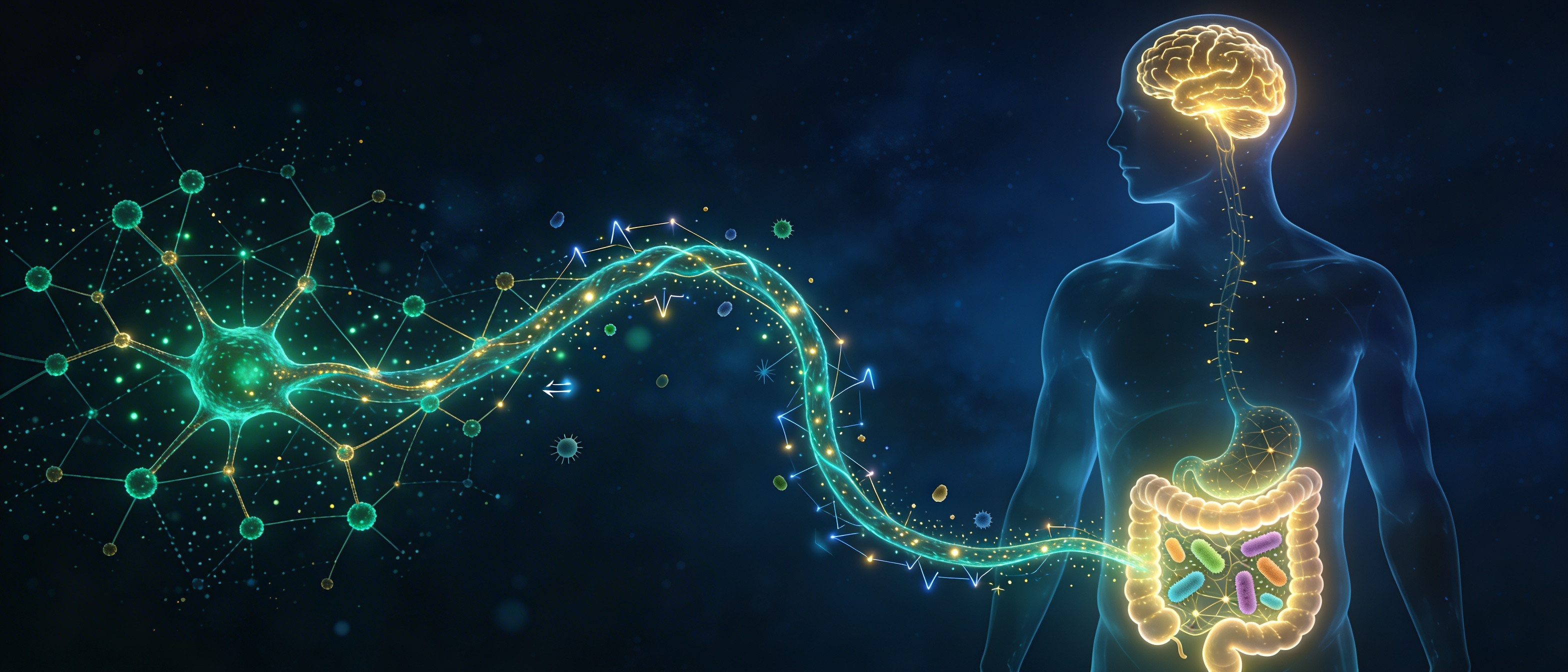 Illustration anatomique du système nerveux entérique montrant la connexion entre le cerveau et les intestins via le nerf vague. Le réseau neuronal intestinal est représenté comme un deuxième cerveau lumineux dans l'abdomen, relié au cerveau crânien par un signal bidirectionnel, avec des bactéries du microbiote visibles dans les intestins.
