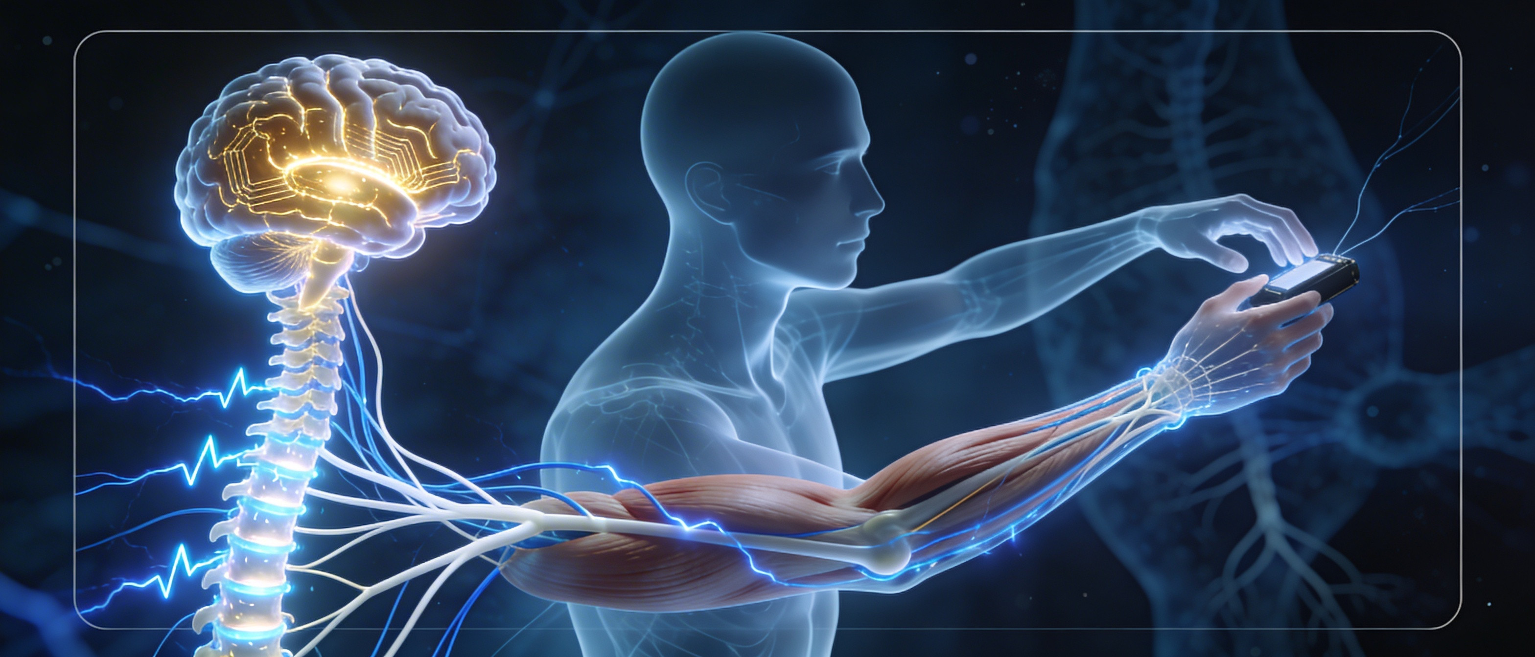 Illustration anatomique du système nerveux somatique montrant le trajet d'un signal électrique depuis le cortex moteur du cerveau, le long de la moelle épinière, jusqu'aux nerfs et muscles du bras en mouvement pour saisir un objet.