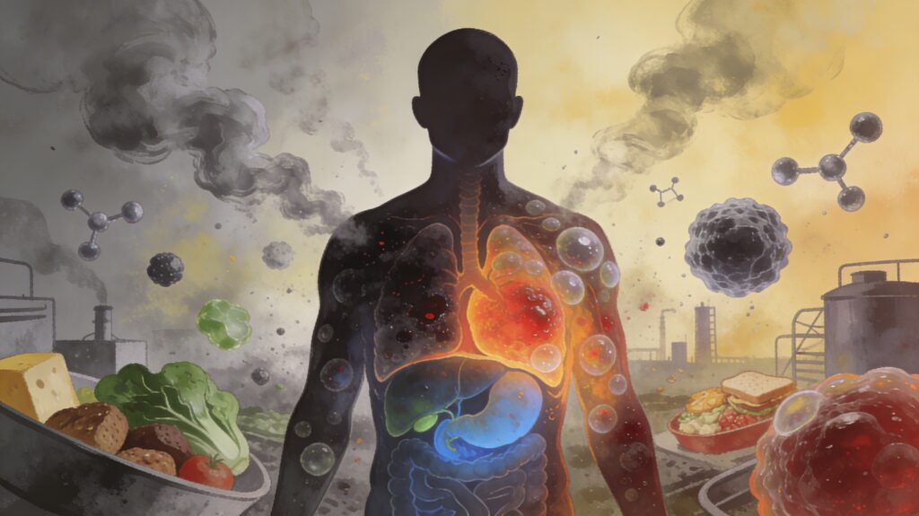 Illustration artistique d'une silhouette humaine aux tissus surchargés et saturés de toxines, avec des zones sombres représentant l'encrassement cellulaire causé par l'alimentation industrielle, le stress chronique, la sédentarité, la pollution et le manque d'hydratation, dans une palette de gris-bruns et d'orangés contrastant avec les organes encore actifs.
