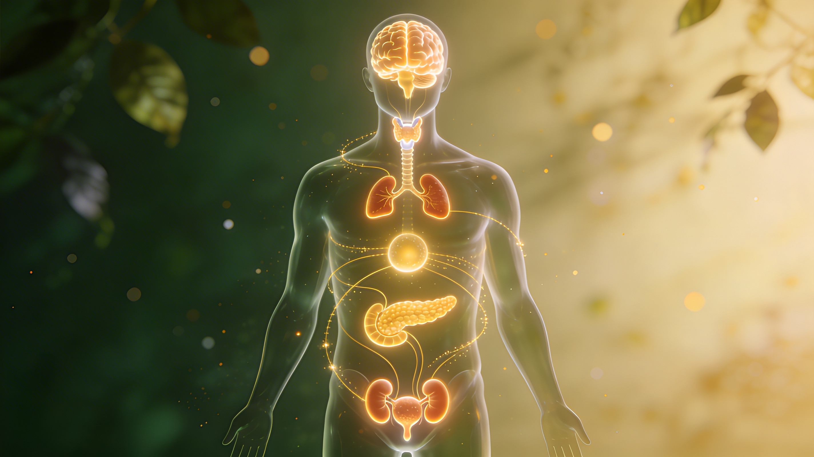 Illustration des cinq glandes endocrines majeures, hypothalamus, thyroïde, pancréas, glandes surrénales et gonades, représentées sur une silhouette humaine lumineuse reliées par des filaments dorés symbolisant leur communication hormonale permanente.
