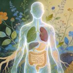 Illustration artistique d'une silhouette humaine translucide entourée d'éléments botaniques représentant les organes émonctoires (foie, reins, poumons, peau et intestins) dans une palette de couleurs naturelles vertes, dorées et bleues, évoquant le système d'élimination du corps humain.