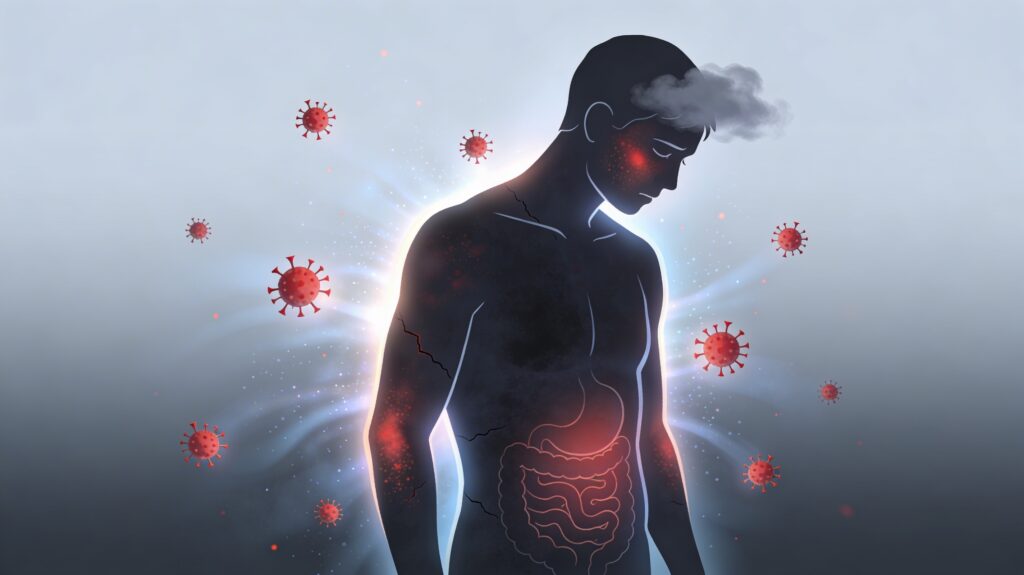 Silhouette humaine fatiguée avec énergie qui fuit du corps, microbes attirés et zones sensibles (tête, ventre, peau), symbolisant immunité affaiblie.

