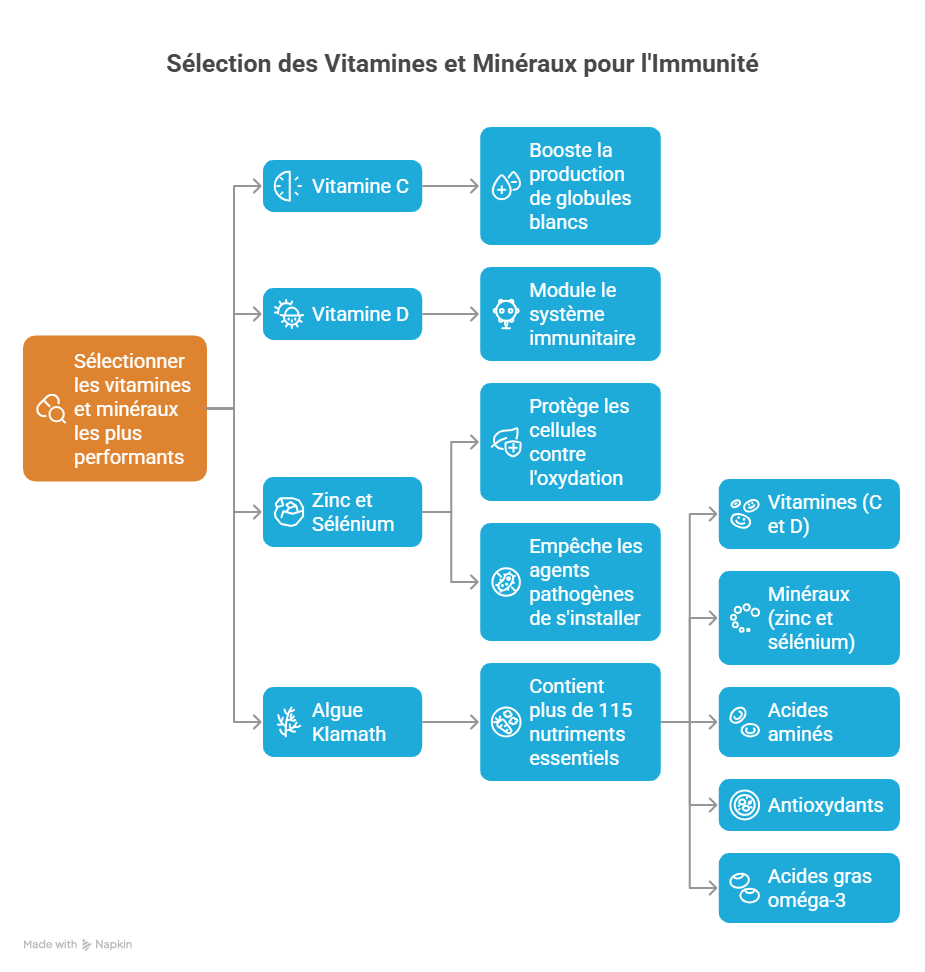 Schéma des vitamines et minéraux pour renforcer l’immunité : vitamine C, D, zinc, sélénium, algue Klamath et oméga-3, avec leurs effets sur les globules blancs, cellules immunitaires et antioxydants.
