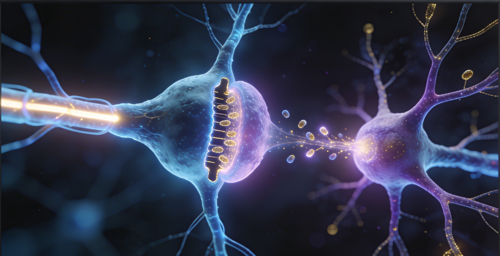 Illustration scientifique de deux neurones échangeant un signal au niveau de la synapse