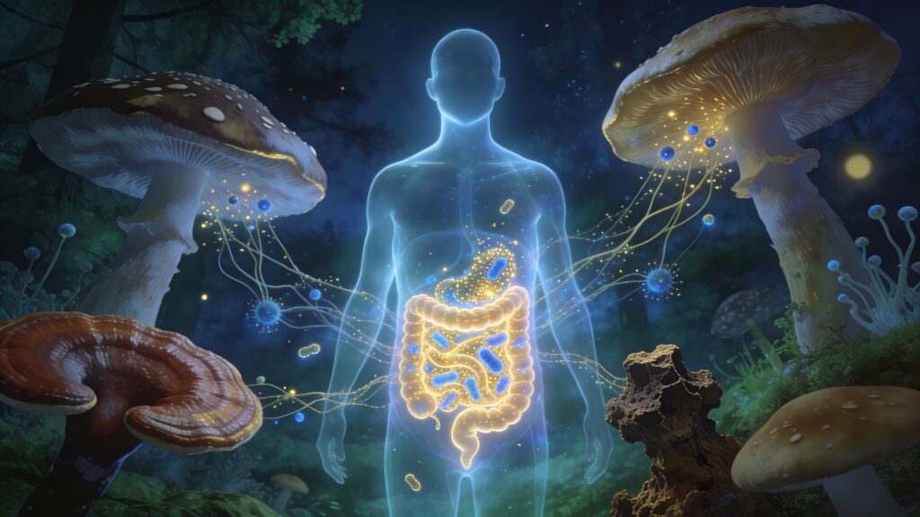 Illustration du lien entre les champignons médicinaux comme le reishi et le shiitake, le microbiote intestinal et le système immunitaire dans une approche de mycothérapie naturelle