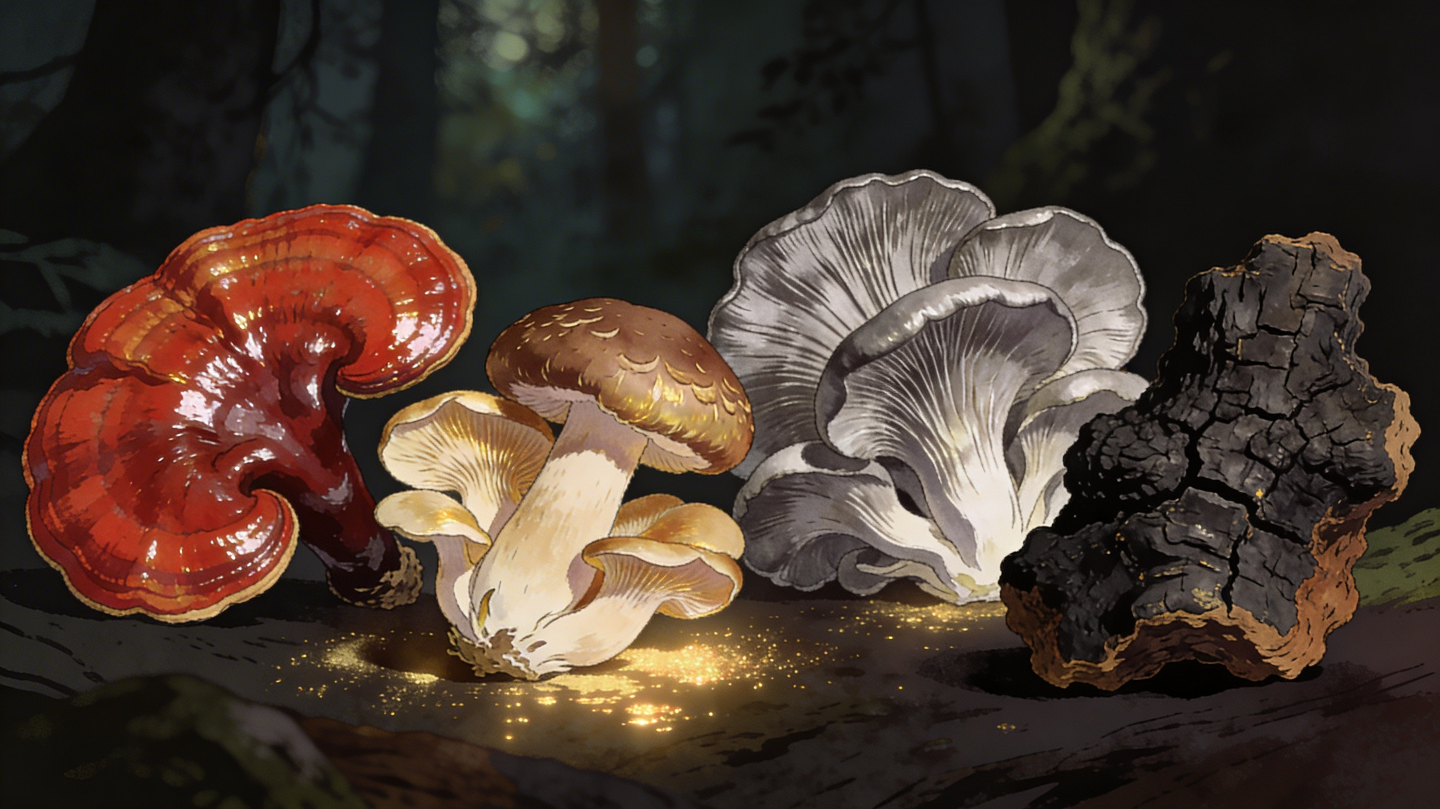 reishi-shiitake-maitake-chaga-champignons-medicinaux Illustration des quatre champignons médicinaux phares de la mycothérapie : le Reishi, le Shiitake, le Maïtake et le Chaga, pour renforcer l'immunité et soutenir la convalescence naturellement