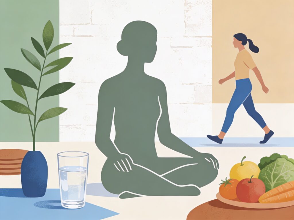 Illustration des 5 piliers de la naturopathie : vitalisme, humorisme, hygiénisme et holisme représentés par une silhouette humaine entourée de plantes, d'eau et d'aliments naturels.

