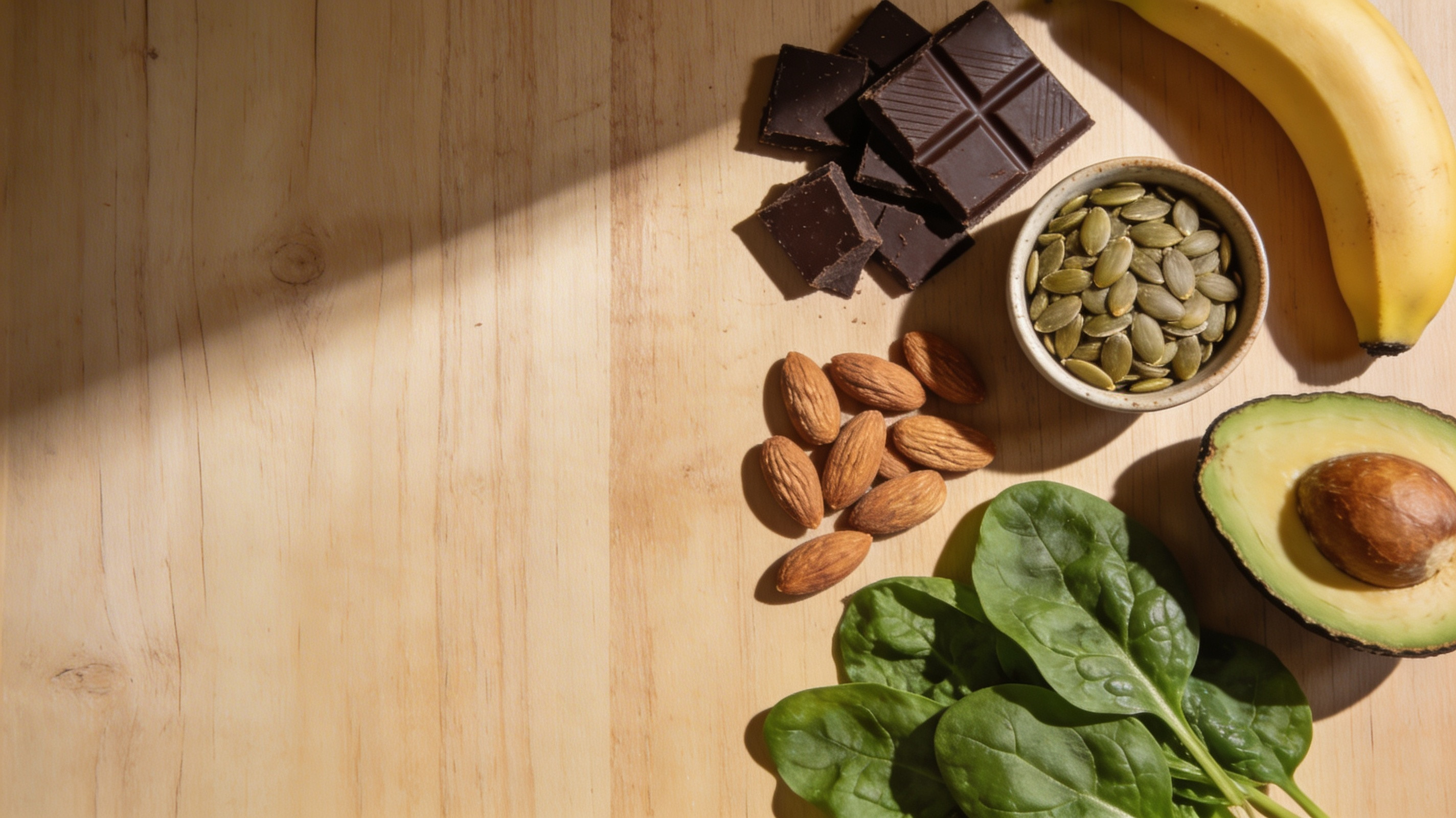 aliments riches en magnésium : chocolat noir, graines de courge, amandes, épinards et banane sur une surface en bois
