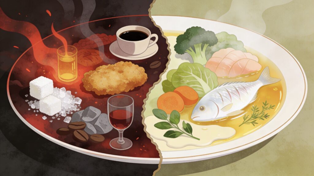 Illustration contrastée montrant d'un côté les aliments à éviter avec la maladie de Crohn comme le sucre, les fritures et l'alcool, et de l'autre les aliments bénéfiques comme les légumes vapeur, le poisson blanc et les herbes fraîches