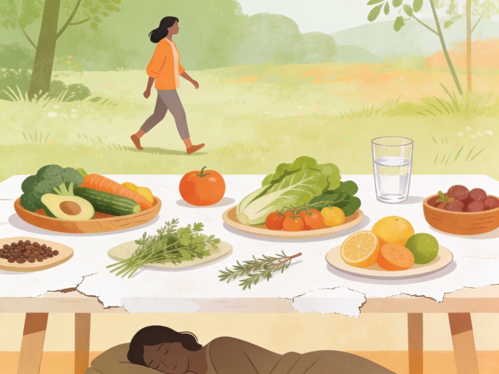 Illustration d'un mode de vie sain en naturopathie : une table garnie d'aliments bruts et colorés, une personne en mouvement dans la nature et un repos réparateur pour régénérer le terrain biologique.