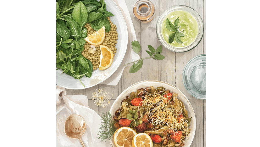 Illustration aquarelle d'une table avec des assiettes de légumes verts, lentilles, tranches de citron, sprouts et légumes colorés, évoquant une alimentation saisonnière riche en micronutriments et les bonnes associations nutritionnelles.