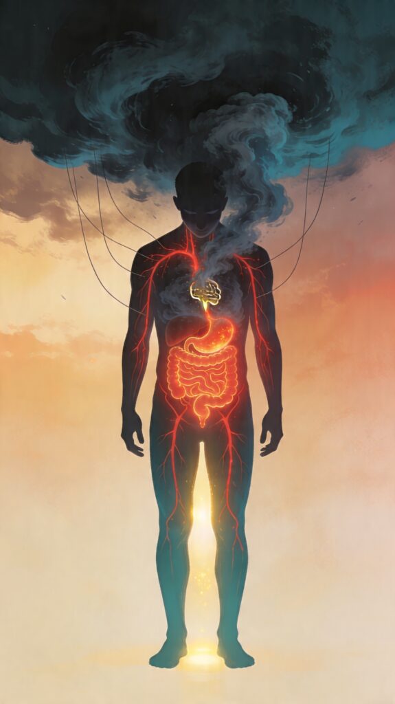 Illustration du lien entre émotions et maladie : silhouette humaine sous l'impact du stress chronique, montrant la connexion cerveau-intestin et l'inflammation systémique.