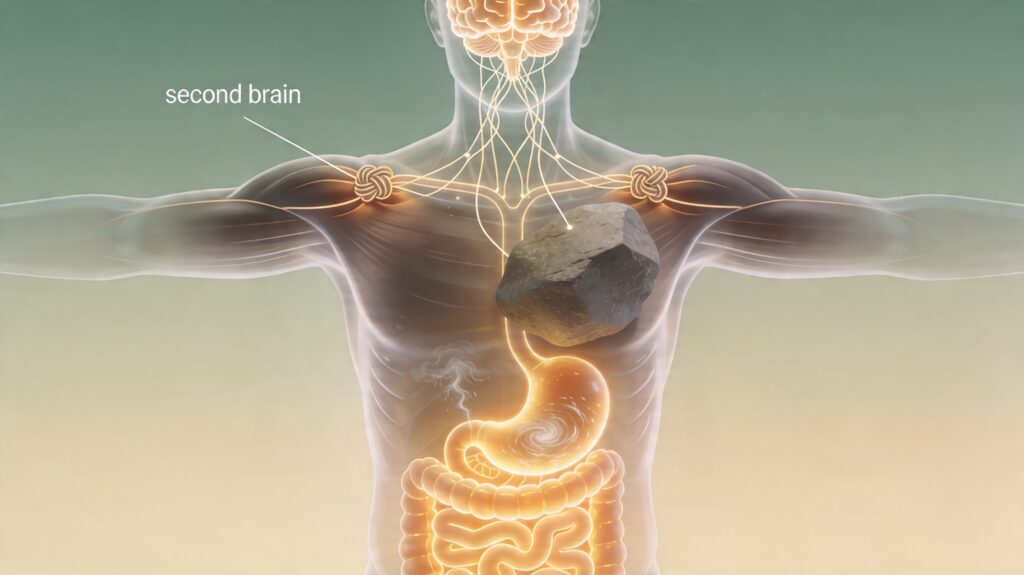 Illustration de la connexion cerveau-intestin et des tensions physiques causées par les émotions : représentation du stress chronique sur le corps et le système digestif.