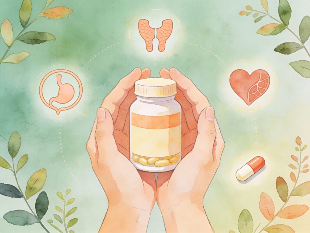Mains tenant délicatement un flacon de compléments alimentaires naturels, entouré de plantes et d'icônes représentant les organes du corps, illustrant l'importance de bien choisir ses suppléments pour soutenir la santé globale