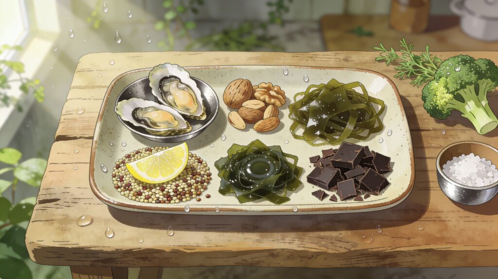 Assiette naturopathie riche en oligo-éléments essentiels : huîtres (zinc), noix du Brésil (sélénium), algues wakame (iode), brocoli (chrome), quinoa, chocolat noir (cuivre), citron (vitamine C), sel marin sur table en bois rustique