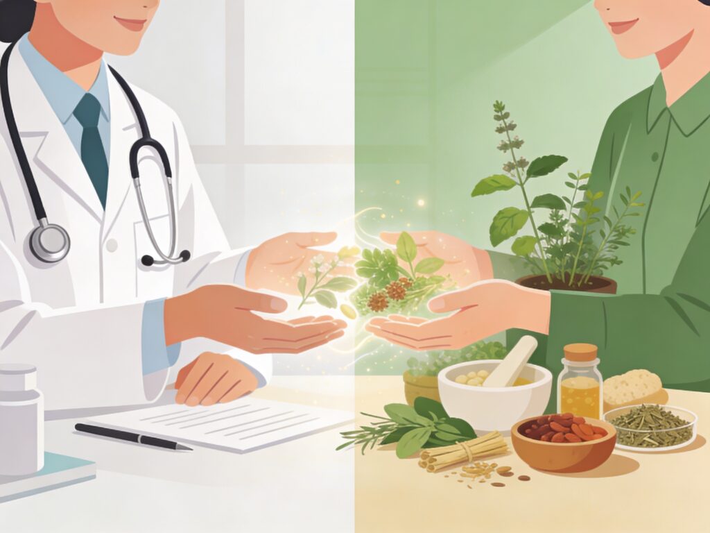 Illustration de la complémentarité entre naturopathie et médecine conventionnelle : stéthoscope et plantes médicinales réunis harmonieusement, symbolisant une approche intégrative au service de la santé globale.