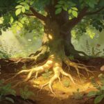 Arbre aux racines lumineuses entouré de plantes médicinales, illustrant le principe de causalisme en naturopathie : traiter la cause profonde de la maladie plutôt que les symptômes.