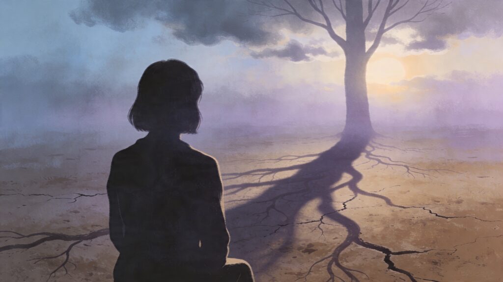 Silhouette humaine dont l'ombre se transforme en racines, illustrant l'impact du passé et du silence intérieur sur la santé émotionnelle et physique